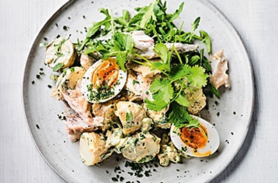 Curried potato salad with soft-boiled eggs & smoked mackerel