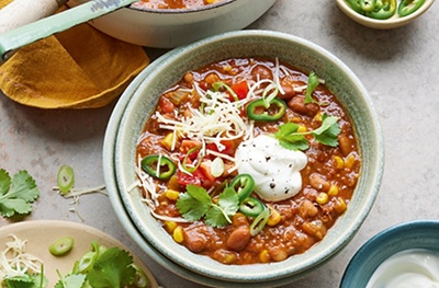 Easy mixed bean, corn & tomato chilli soup
