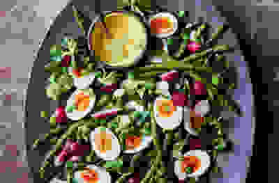 Eggs, asparagus, broad beans & radishes with saffron mayonnaise