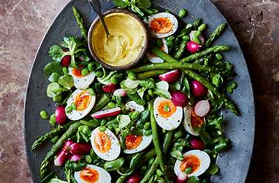 Eggs, asparagus, broad beans & radishes with saffron mayonnaise