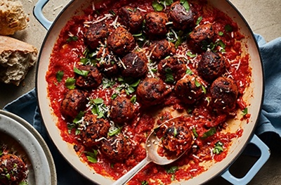 Feisty black bean balls with rich tomato sauce