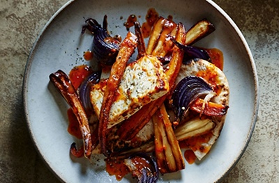 Feta & roasted roots with chilli, orange and cumin butter 