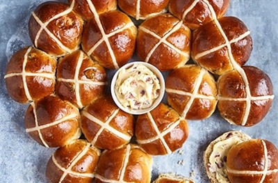 Fig & Cranberry Hot Cross Buns with Maple Bacon Butter