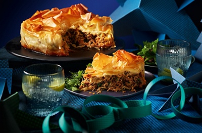 Filo pie with slow-cooked harissa chicken & tahini sauce 