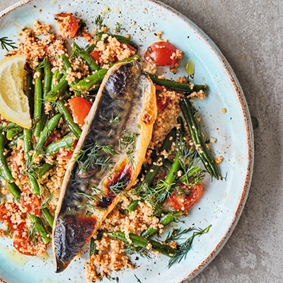 Grilled mackerel with couscous, beans, tomatoes & dill