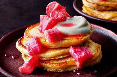 Fluffy pancakes with rhubarb compote