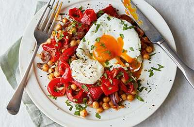 Fried romano peppers & chickpeas with eggs & aioli