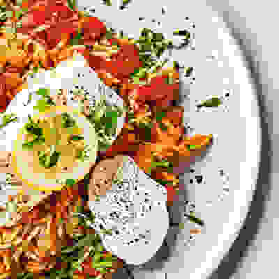 Roast cod on tomato rice