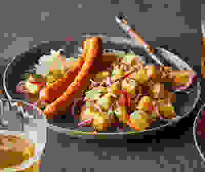 German-inspired potato salad with sausage & sauerkraut