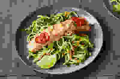 Ginger & miso-glazed salmon noodles with greens