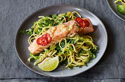 Ginger & miso-glazed salmon noodles with greens