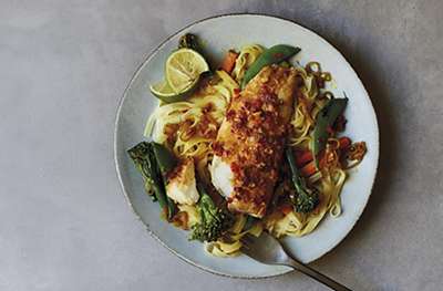 Ginger & soy-steamed hake with noodles