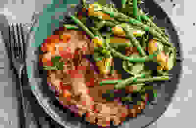 Glazed gammon with parsley potato & bean salad