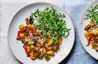 Gnocchi with roasted romano peppers, aubergine, chilli and rocket