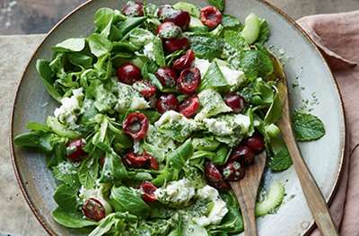 Goat’s cheese, cherry & cucumber salad with mint and elderflower dressing