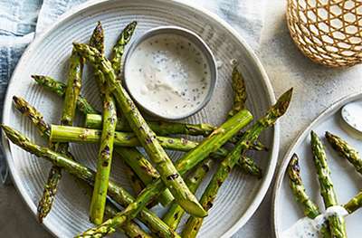 Griddled asparagus with a ranch-style dip