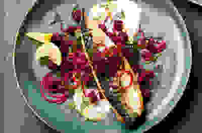 Grilled mackerel, beetroot and red onion salad