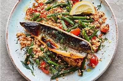 Grilled mackerel with couscous, beans, tomatoes & dill