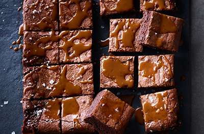 Guinness brownies with salted caramel drizzle