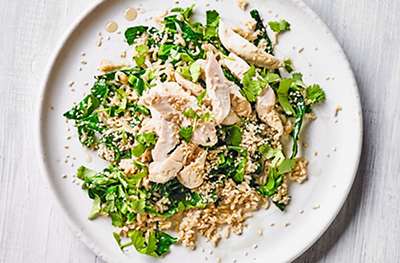 Hainanese-style poached chicken with shredded greens