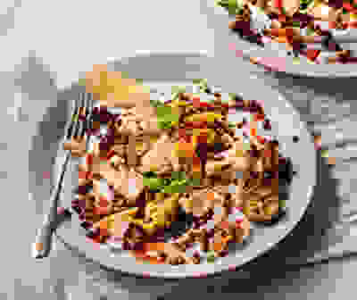 Harissa lentils with salmon
