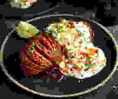 Hasselback sweet potatoes with cottage cheese & ’nduja