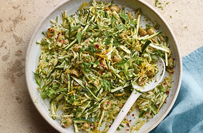 Herby courgette, olive & lemon orzo salad