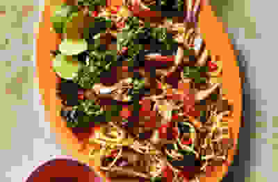 Hoisin chicken & lentil noodle salad with crispy kale