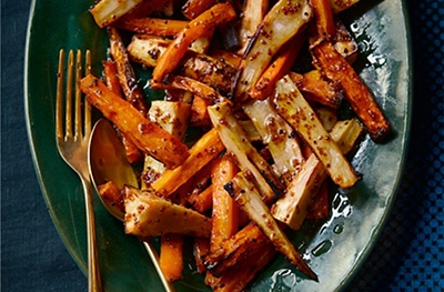 Honey-glazed roast carrots & parsnips with wholegrain mustard