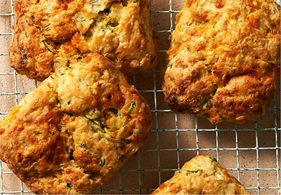 Courgette, Red Leicester & chilli scones with maple butter