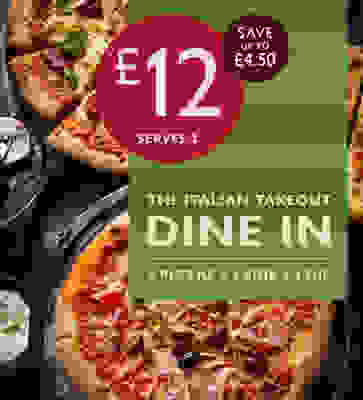 £12 THE ITALIAN TAKEOUT – CHOOSE 2 PIZZAS + 1 SIDE + 1 DIP