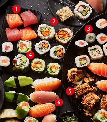 Platters of different types of sushi