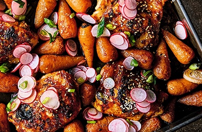 Savoury traybakes - Gochujang chicken & carrot traybake