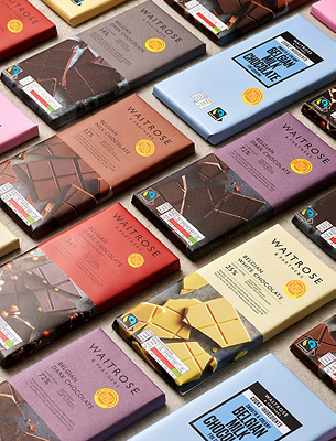 Packshots of Waitrose own label chocolate with open chain logo