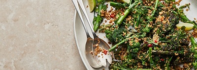 Charred purple-sprouting broccoli with crispy chilli oats