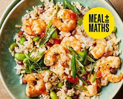 Meal maths - Prawn & edamame rice with salad onions and soy