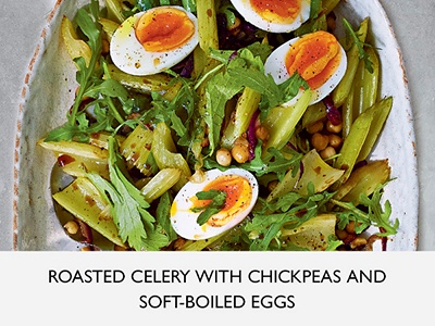 Roasted celery with Chick Peas and soft boiled eggs