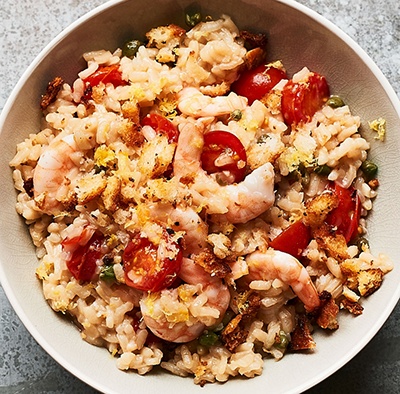 Risotto - Anchovy, lemon and caper risotto with cherry tomatoes and prawns