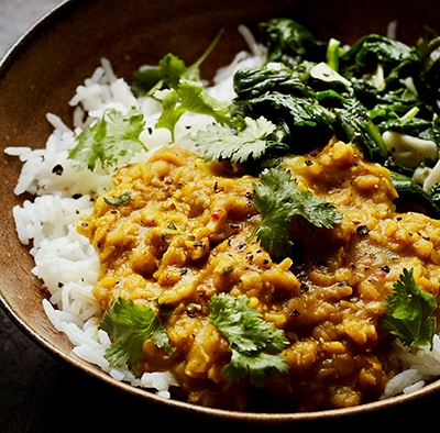 Basmati rice -Red lentil dhal with garlicky spinach and basmati ric