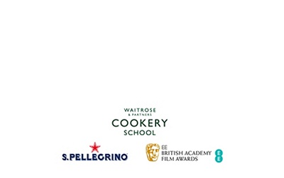 Image of white background with Waitrose Cookery School, San Pellgrino & Bafta film logos