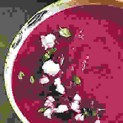 Beetroot and apple soup with goat’s cheese