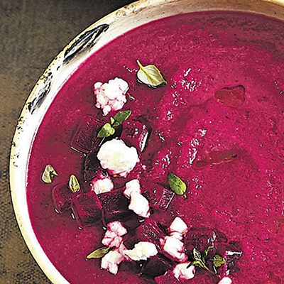 Beetroot and apple soup with goat’s cheese