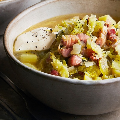 Savoy cabbage, potato, bacon and caraway soup