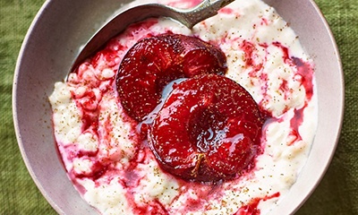 Cinnamon & coconut rice pudding with roasted spiced plums