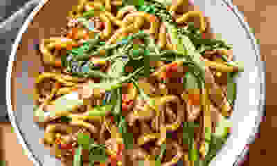 Garlic & hoisin-braised tofu, udon and pak choi