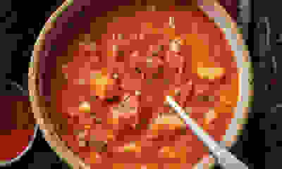 Smoky sweet potato, cherry tomato & leek soup
