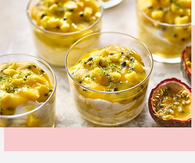 Mango fools with passion fruit