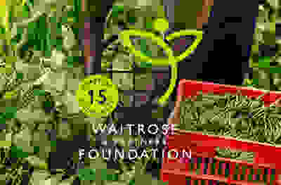 Image of Waitrose Foundation logo and a worker picking peas in a field