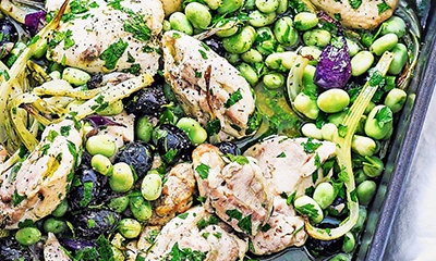 Easy chicken traybake with anchovy dressing