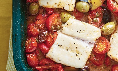 ROAST COD AND TOMATO TRAYBAKE WITH CAPERS, PEPPERS AND OLIVES